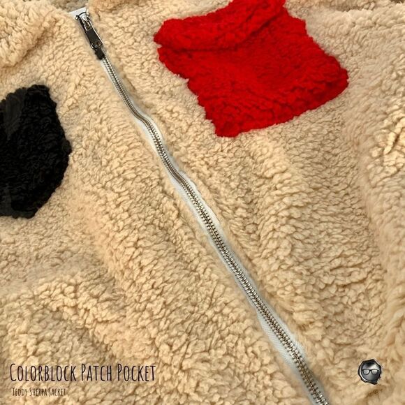 TEDDY SHERPA JACKET COLORBLOCK PATCH POCKET WOMEN’S SIZE SMALL OVERSIZED - Picture 7 of 10